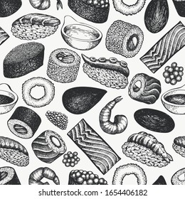 Sushi seamless pattern. Japanese cuisine hand drawn vector illustrations. Traditional asian food background.