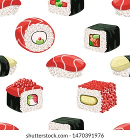 Sushi Seamless Pattern, Japanese Food Bar or Restaurant Design Element Can Be Used for Wallpaper, Packaging, Background Vector Illustration