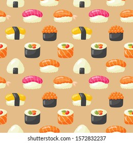 sushi seamless pattern. japanese food on brown background. vector illustration.