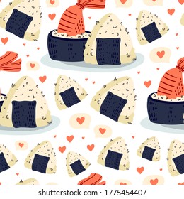 Sushi seamless pattern. Japanese food. Vector illustration. Funny colored typography poster, apparel print design. Scandinavian nordic design for bar or interior or cover or textile or background.