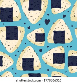 Sushi seamless pattern. Japanese food. Vector illustration. Funny colored typography poster, apparel print design. Scandinavian nordic design for bar or interior or cover or textile or background.