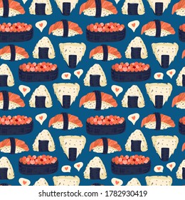 Sushi seamless pattern. Japanese food. Vector illustration. Funny colored typography poster, apparel print design. Scandinavian nordic design for bar or interior or cover or textile or background.