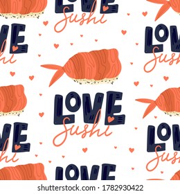 Sushi seamless pattern. Japanese food. Vector illustration. Funny colored typography poster, apparel print design. Scandinavian nordic design for bar or interior or cover or textile or background.