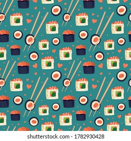 Sushi seamless pattern. Japanese food. Vector illustration. Funny colored typography poster, apparel print design. Scandinavian nordic design for bar or interior or cover or textile or background.