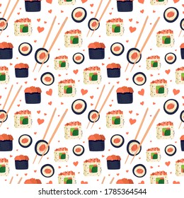 Sushi seamless pattern. Japanese food. Vector illustration. Funny colored typography poster, apparel print design. Scandinavian nordic design for bar or interior or cover or textile or background.