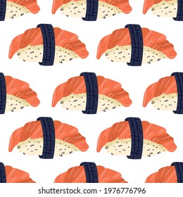Sushi seamless pattern. Japanese food. Vector illustration. Funny colored typography poster, apparel print design. Scandinavian nordic design for bar or interior or cover or textile or background.