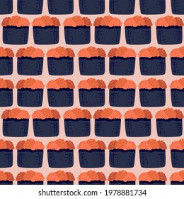 Sushi seamless pattern. Japanese food. Vector illustration. Funny colored typography poster, apparel print design. Scandinavian nordic design for bar or interior or cover or textile or background.