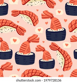 Sushi seamless pattern. Japanese food. Vector illustration. Funny colored typography poster, apparel print design. Scandinavian nordic design for bar or interior or cover or textile or background.