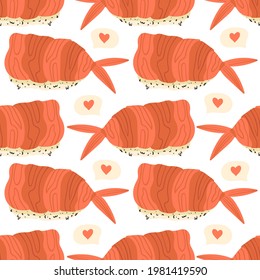 Sushi seamless pattern. Japanese food. Vector illustration. Funny colored typography poster, apparel print design. Scandinavian nordic design for bar or interior or cover or textile or background.