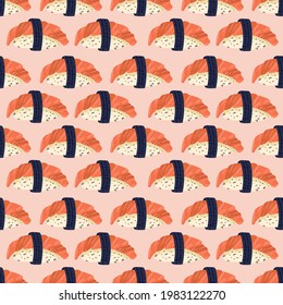 Sushi seamless pattern. Japanese food. Vector illustration. Funny colored typography poster, apparel print design. Scandinavian nordic design for bar or interior or cover or textile or background.