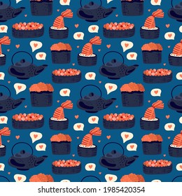 Sushi seamless pattern. Japanese food. Vector illustration. Funny colored typography poster, apparel print design. Scandinavian nordic design for bar or interior or cover or textile or background.