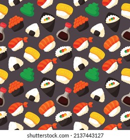sushi seamless pattern. japanese food on black background. vector illustration.