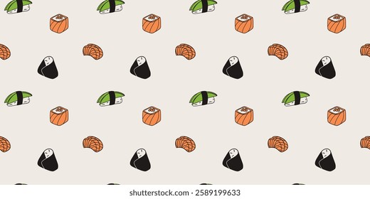 Sushi seamless pattern. Japanese food. Rice and salmon fish. Seafood restaurant menu. Textile, wrapping paper, wallpaper. Print for fabric. Asian cuisine background. Vector cartoon flat illustration