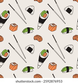 Sushi seamless pattern. Japanese food. Rice and salmon fish. Seafood restaurant menu. Textile, wrapping paper, wallpaper. Print for fabric. Asian cuisine background. Vector cartoon flat illustration