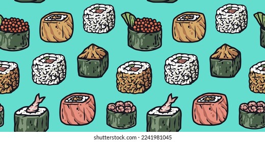 Sushi seamless pattern or japanese seafood backgroundor. Asian food or chinese rolls with salmon, nori.