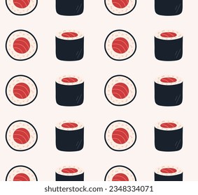 Sushi seamless pattern. Maguro maki. Japanese food background. Vector illustration for menu, restaurant, delivery, cafe.