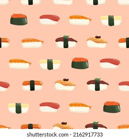 Sushi seamless pattern on colour background. Vector illustration.