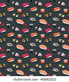 Sushi seamless pattern on dark background