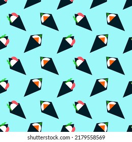 Sushi seamless pattern. Sushi roll of different types on blue background. Japan traditional food in flat design. Oriental design for fabric, wallpaper, wrapping paper, packing. Vector illustration