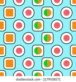 Sushi seamless pattern. Sushi roll of different types on blue background. Japan traditional food in flat design. Oriental design for fabric, wallpaper, wrapping paper, packing. Vector illustration