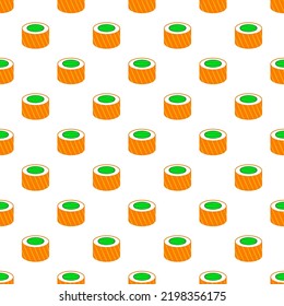 Sushi seamless pattern. Sushi roll with salmon on white background. Japan traditional food. Japanese cuisine. Oriental design for fabric, wallpaper, wrapping paper, packing. Vector illustration
