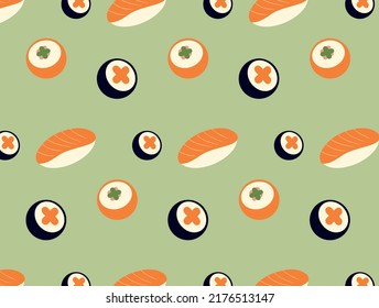  Sushi seamless pattern, sushi rolls texture, japanese cuisine background, tuna wallpapers, salmon rolls ornament. Flat vector illustration for wrapping paper, packaging, fabric, cover design