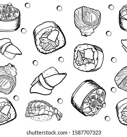 Sushi seamless pattern set on a white background. Delicious and beautiful Japanese food.