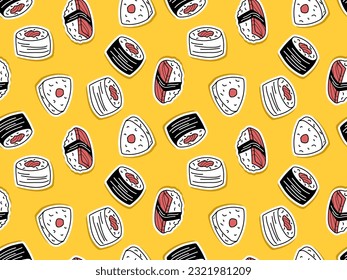 Sushi seamless pattern. Traditional Japan food. Fresh sushi set isolated. Asian Sushi rolls in sketch style. Repeated vector doodle design, textile, wrapping, scrapbooking. Sushi collection