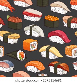 Sushi seamless pattern. Traditional Japanese food background vector illustration