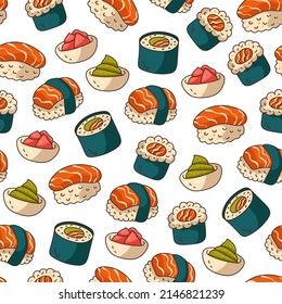 Sushi seamless pattern. Vector flat cartoon design element illustration