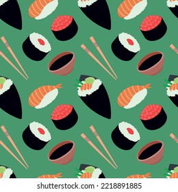 Sushi seamless pattern, vector illustration. Wrapping paper design for Asian restaurant food delivery packages. Japanese traditional food.