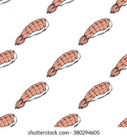 Sushi seamless vector pattern. White background.