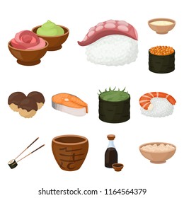 Sushi and seasoning cartoon icons in set collection for design. Seafood food, accessory vector symbol stock web illustration.