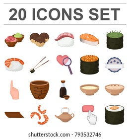 Sushi and seasoning cartoon icons in set collection for design. Seafood food, accessory vector symbol stock web illustration.