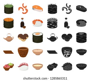 Sushi and seasoning cartoon,black icons in set collection for design. Seafood food, accessory vector symbol stock web illustration.