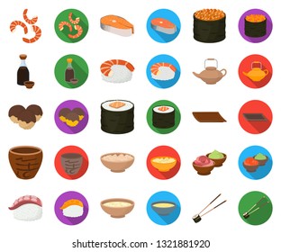 Sushi and seasoning cartoon,flat icons in set collection for design. Seafood food, accessory vector symbol stock web illustration.