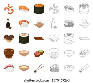 Sushi and seasoning cartoon,outline icons in set collection for design. Seafood food, accessory vector symbol stock web illustration.