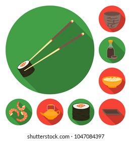 Sushi and seasoning flat icons in set collection for design. Seafood food, accessory vector symbol stock web illustration.