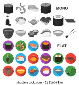 Sushi and seasoning flat icons in set collection for design. Seafood food, accessory vector symbol stock web illustration.