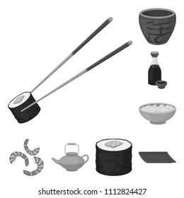 Sushi and seasoning monochrome icons in set collection for design. Seafood food, accessory vector symbol stock web illustration.