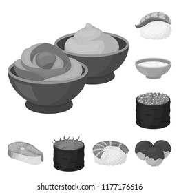 Sushi and seasoning monochrome icons in set collection for design. Seafood food, accessory vector symbol stock web illustration.