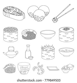 Sushi and seasoning outline icons in set collection for design. Seafood food, accessory vector symbol stock web illustration.