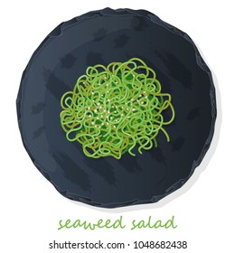 Sushi and seaweed salad on slate table vector illustration isolated.