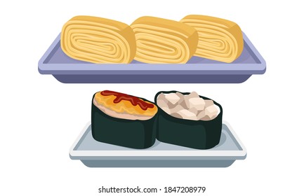 Sushi Served on Ceramic Plate with Rice and Seafood Vector Set