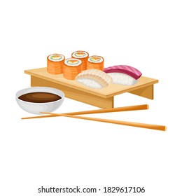 Sushi Served on Wooden Board with Soy Sauce and Chopsticks Vector Illustration