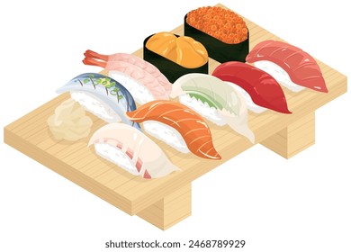 Sushi served on a wooden plate. Vector illustration.