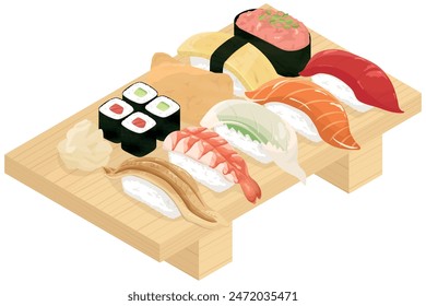 Sushi served on a wooden plate. Vector illustration.