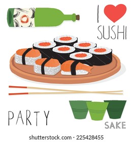 Sushi serving, icons and sake.