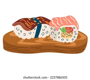Sushi set. Asian Food. Perfect for restaurant cafe and print menus. Vector hand draw cartoon illustration. 