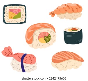 Sushi set. Asian Food. Perfect for restaurant cafe and print menus. Vector hand draw cartoon illustration. 